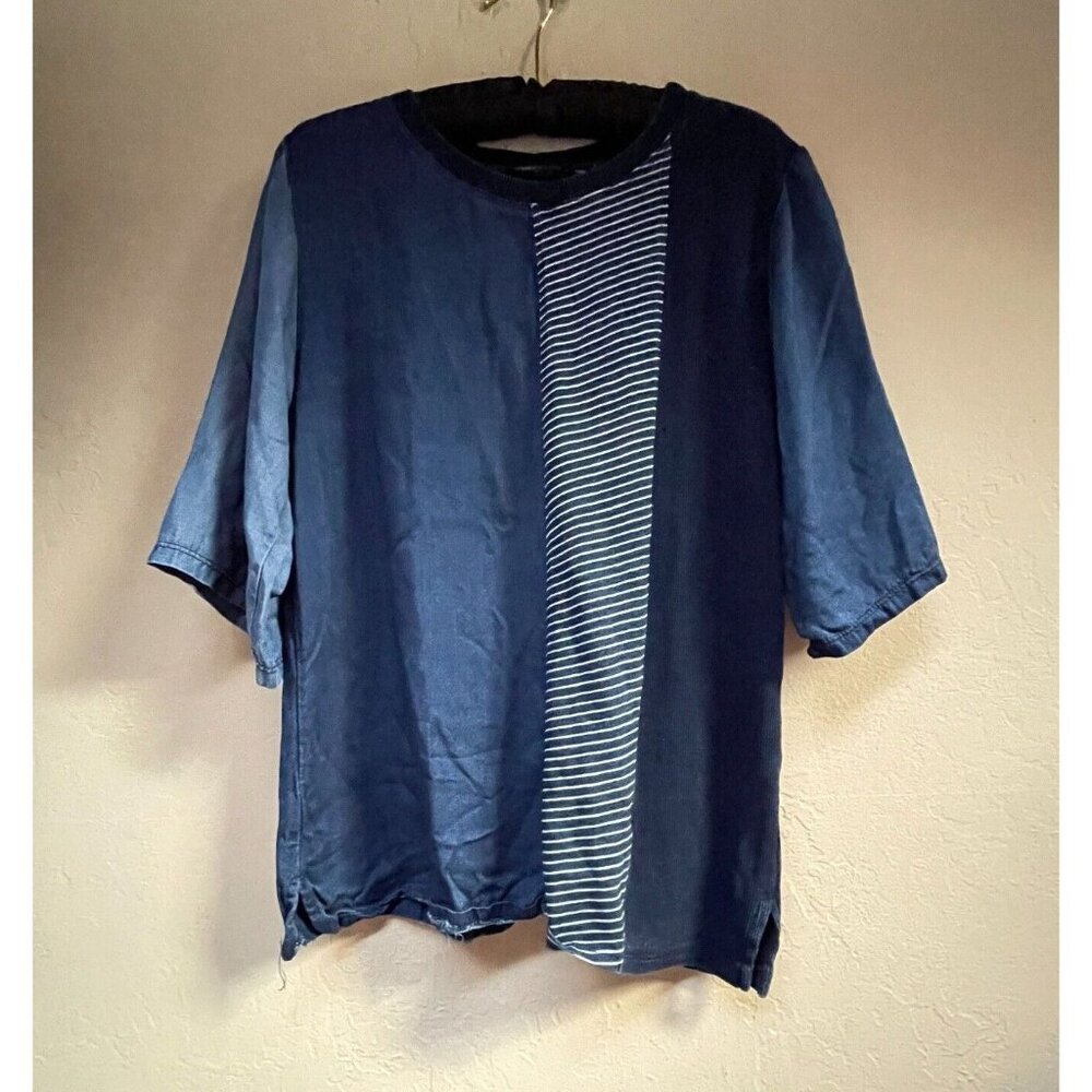 NU Construction Womens Half-Sleeve Patchwork Denim Top Shirt Medium Navy Casual